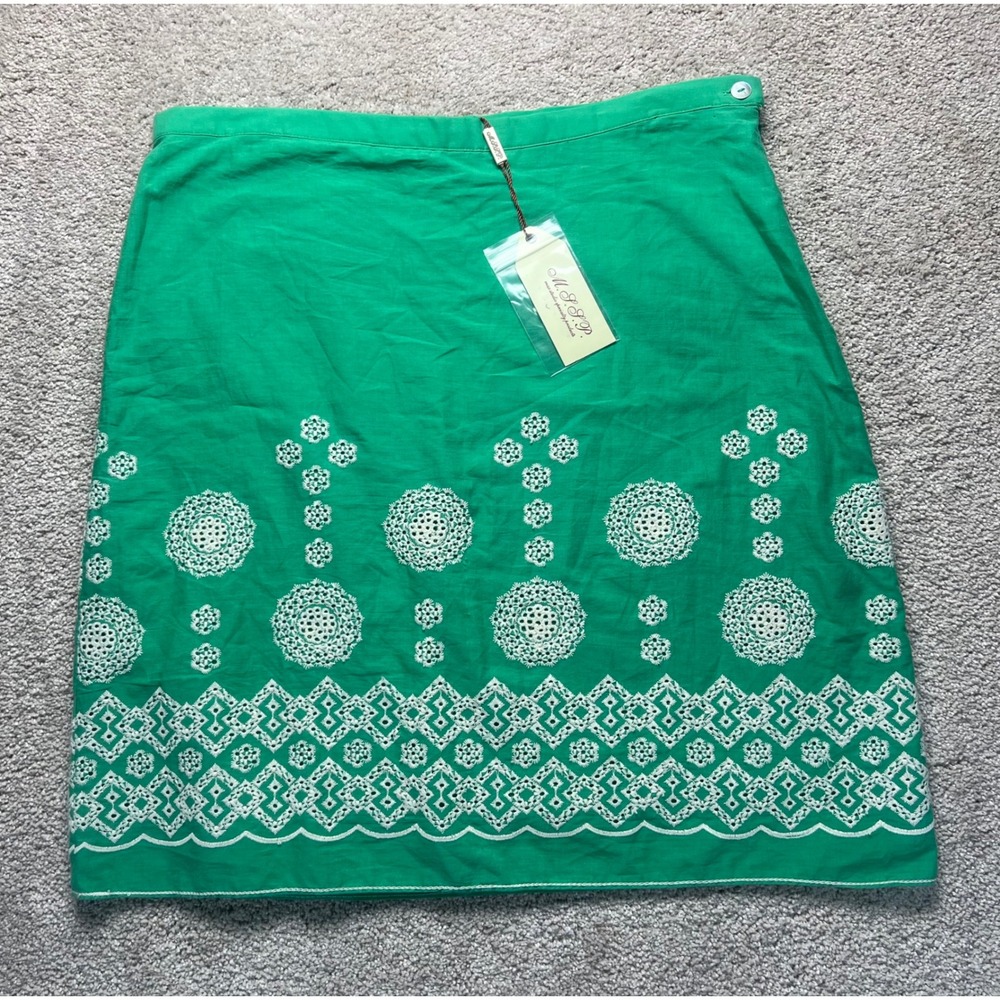 MSP Studio Specialty‎ Skirt Women's L Green Embroidered Cotton Knee Cottage Boho